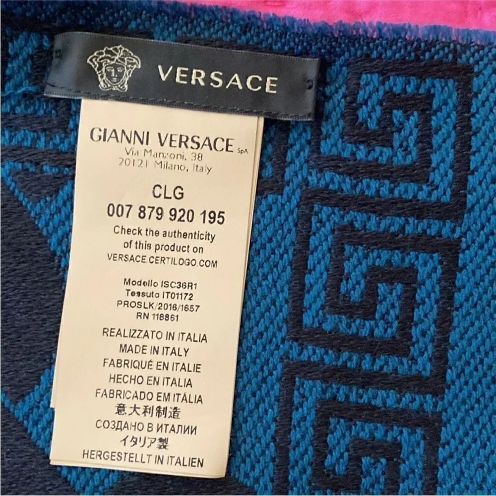 Versace 100% wool Black and Teal Patterned Scarf, 71 x14 inch